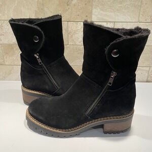 Bertuchi Black Suede Faux Fur Lined Ankle Boots Made in Spain Lug Sole Size 8.5
